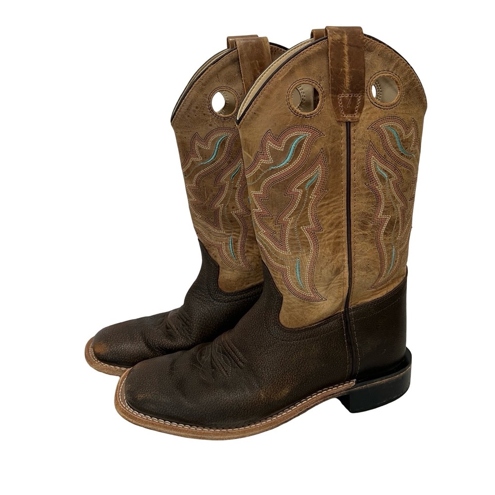 Old West BSY1819 Brown Leather Square Toe Western Cowboy Boots Youth 4.5 D